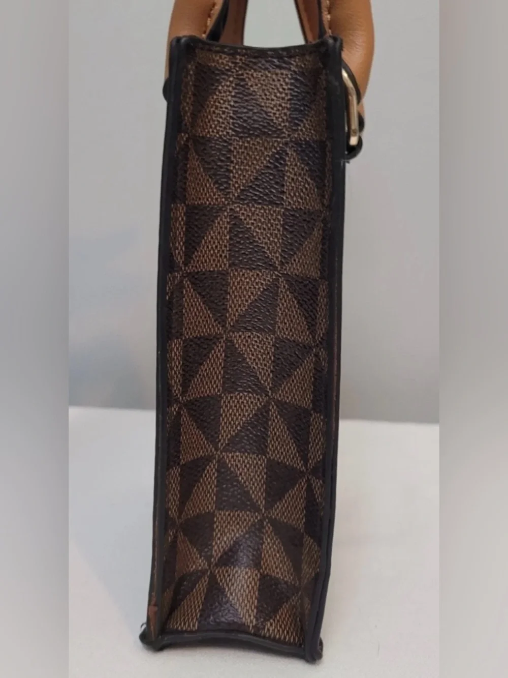 Structured Brown Geometric Triangle Mini Satchel Crossbody Bag with Tan Handles